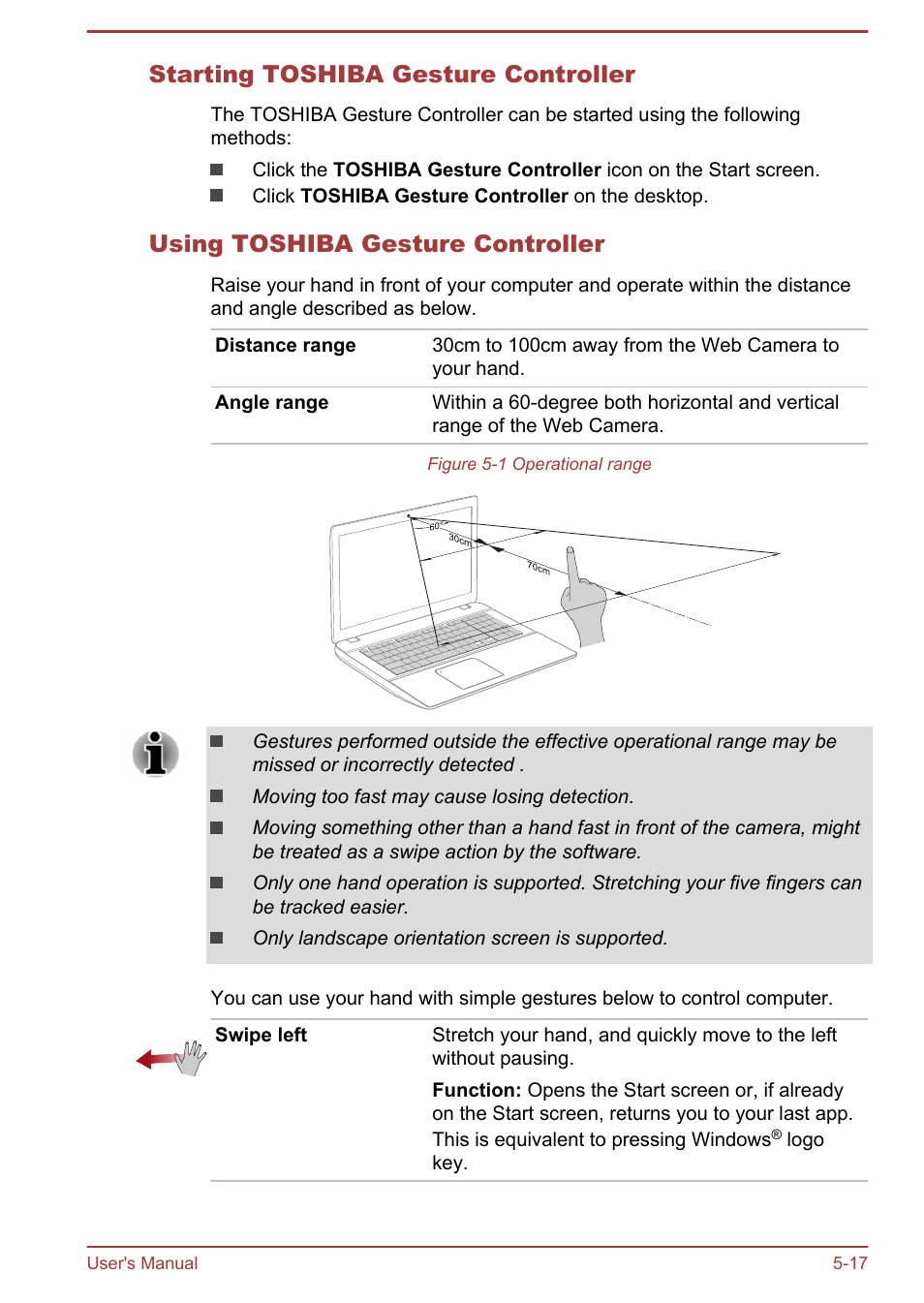 Starting toshiba gesture controller, Using toshiba gesture controller | Toshiba Satellite L70-B User Manual | Page 100 / 143