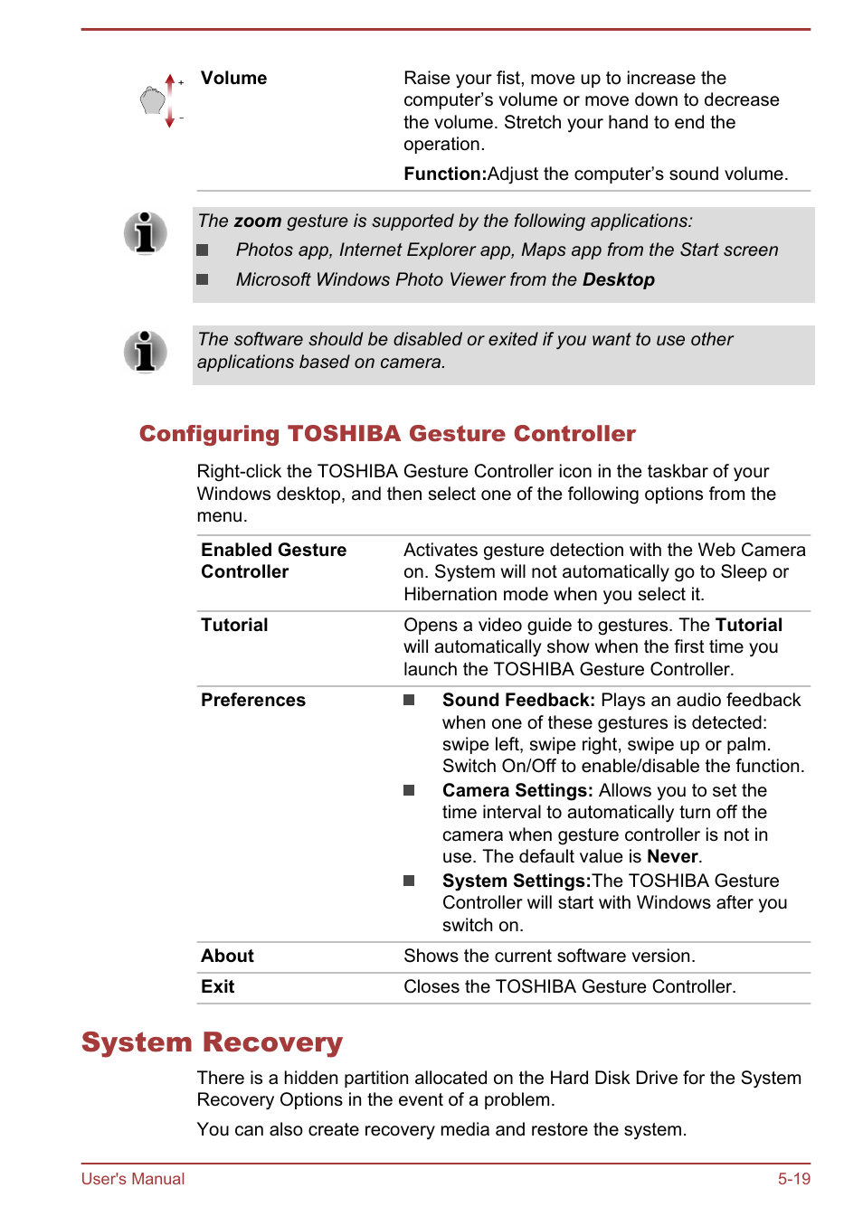 Configuring toshiba gesture controller, System recovery, System recovery -19 | Toshiba Satellite L70-B User Manual | Page 102 / 143