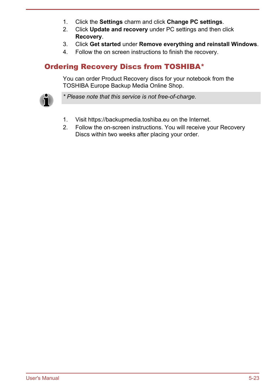 Ordering recovery discs from toshiba | Toshiba Satellite L70-B User Manual | Page 106 / 143