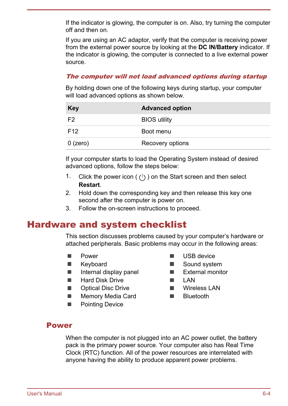 Hardware and system checklist, Power, Hardware and system checklist -4 | Toshiba Satellite L70-B User Manual | Page 110 / 143