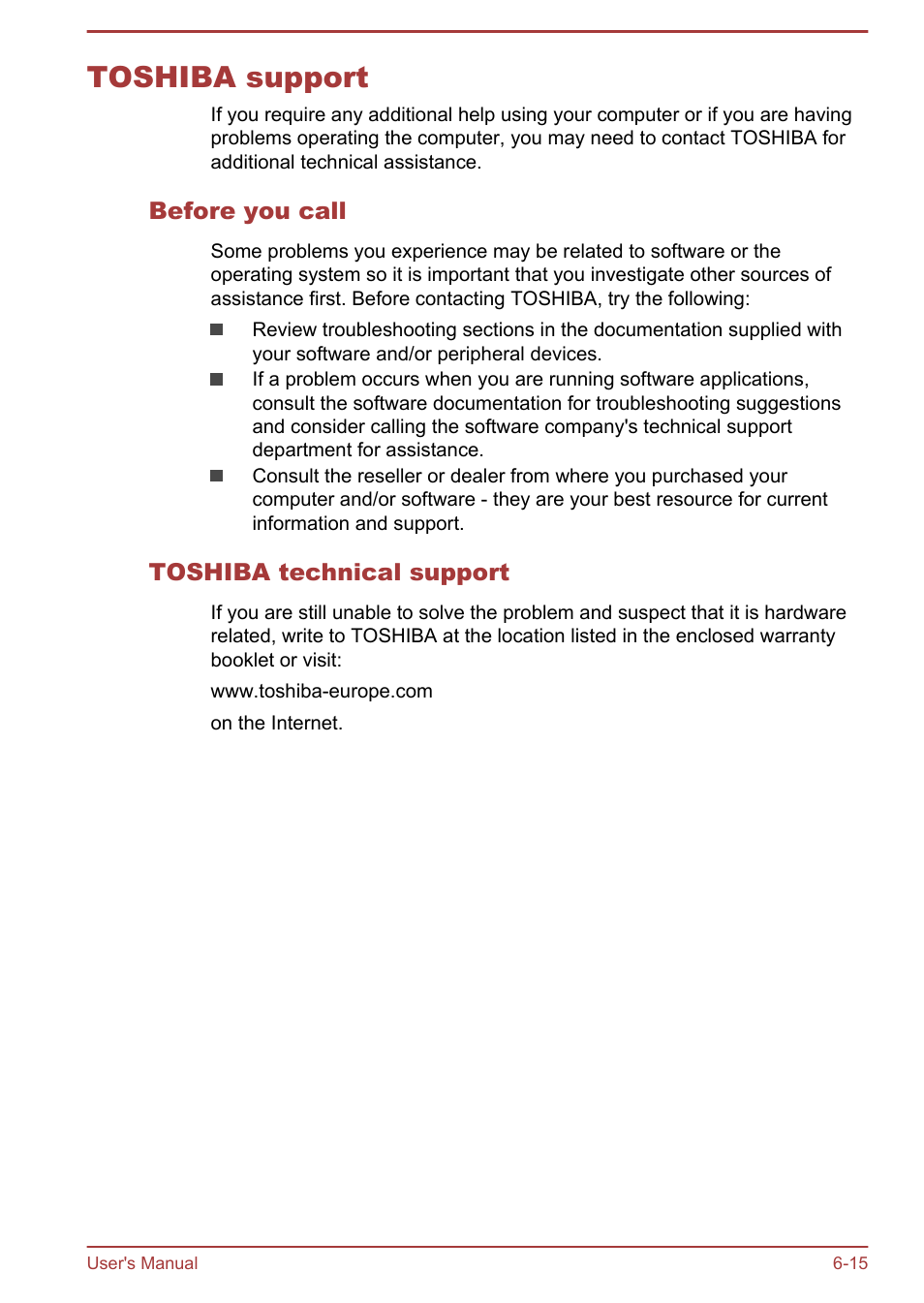 Toshiba support, Before you call, Toshiba technical support | Toshiba support -15 | Toshiba Satellite L70-B User Manual | Page 121 / 143