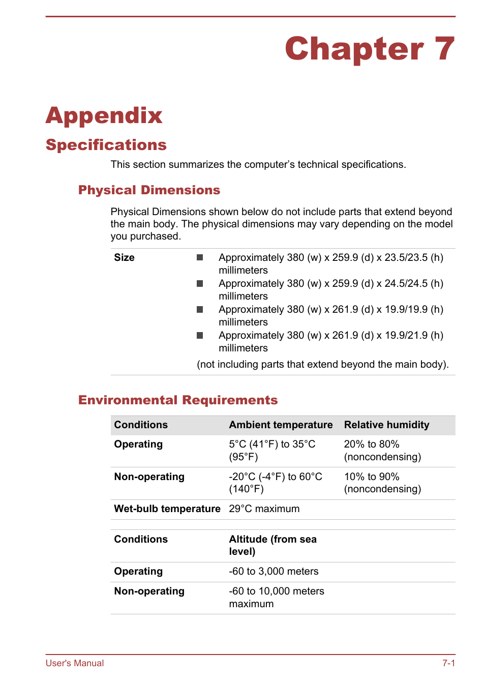 Chapter 7 appendix, Specifications, Physical dimensions | Environmental requirements, Chapter 7, Appendix, Specifications -1 | Toshiba Satellite L70-B User Manual | Page 122 / 143