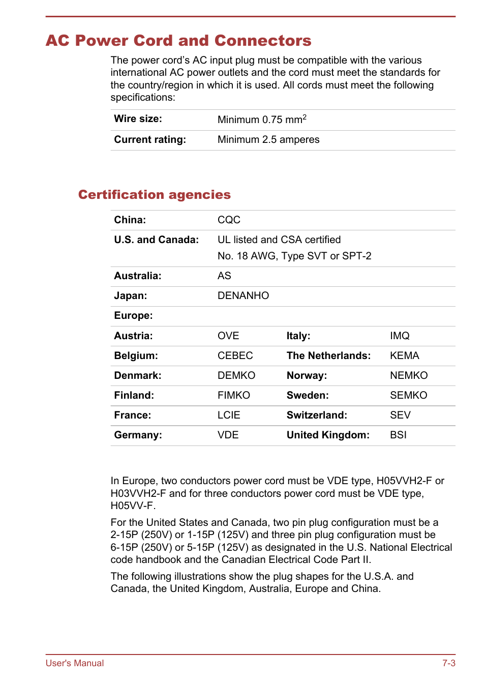 Ac power cord and connectors, Certification agencies, Ac power cord and connectors -3 | Toshiba Satellite L70-B User Manual | Page 124 / 143