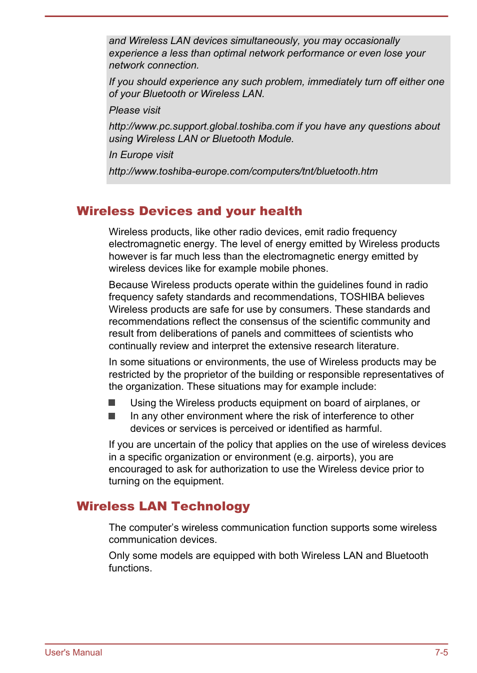 Wireless devices and your health, Wireless lan technology | Toshiba Satellite L70-B User Manual | Page 126 / 143