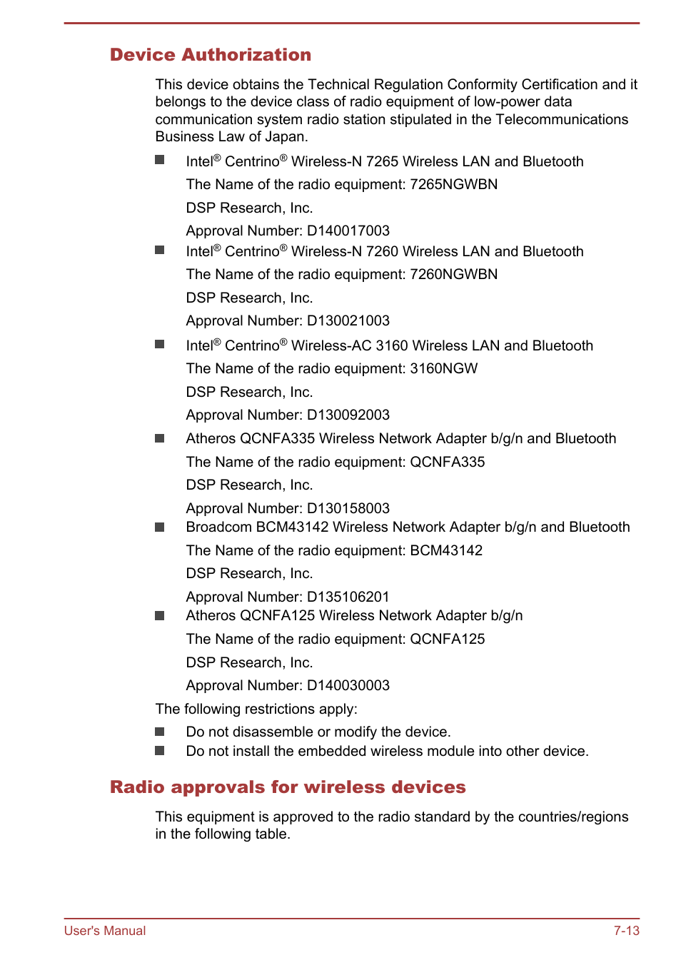 Device authorization, Radio approvals for wireless devices | Toshiba Satellite L70-B User Manual | Page 134 / 143