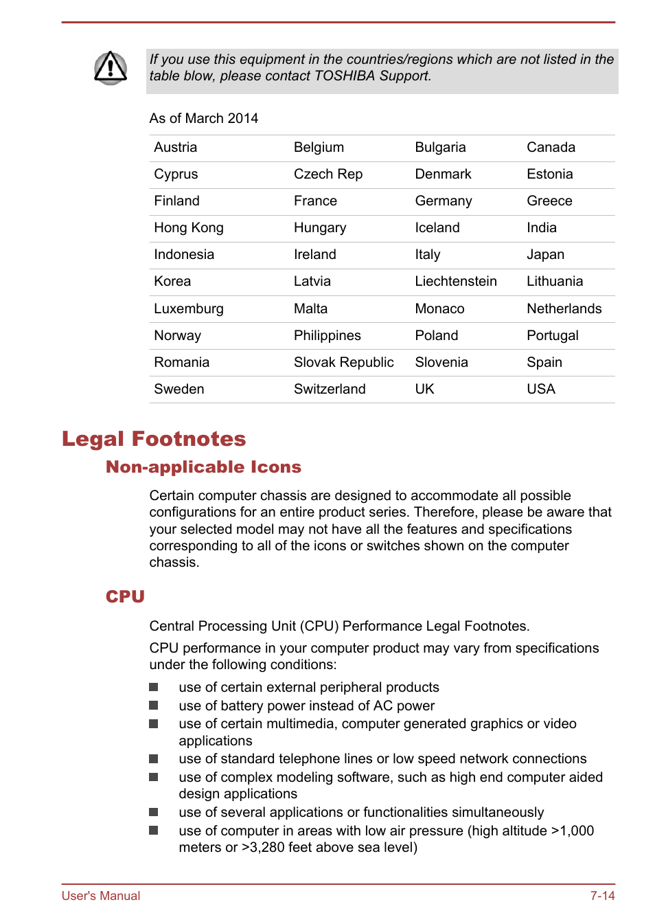 Legal footnotes, Non-applicable icons, Legal footnotes -14 | Legal, Footnotes, Section | Toshiba Satellite L70-B User Manual | Page 135 / 143