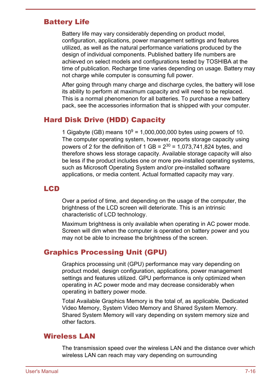 Battery life, Hard disk drive (hdd) capacity, Graphics processing unit (gpu) | Wireless lan | Toshiba Satellite L70-B User Manual | Page 137 / 143