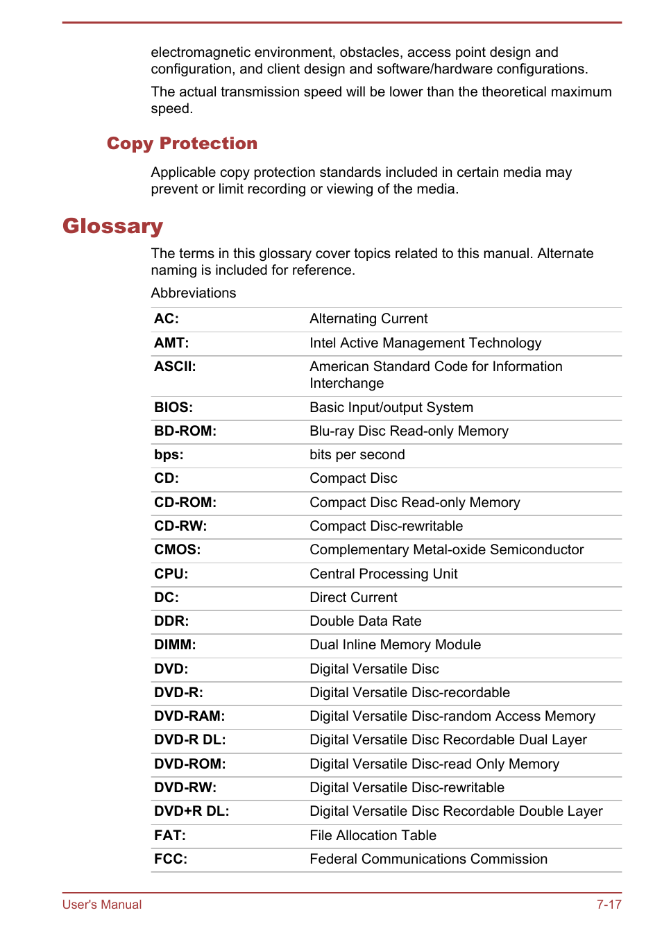 Copy protection, Glossary, Glossary -17 | Toshiba Satellite L70-B User Manual | Page 138 / 143