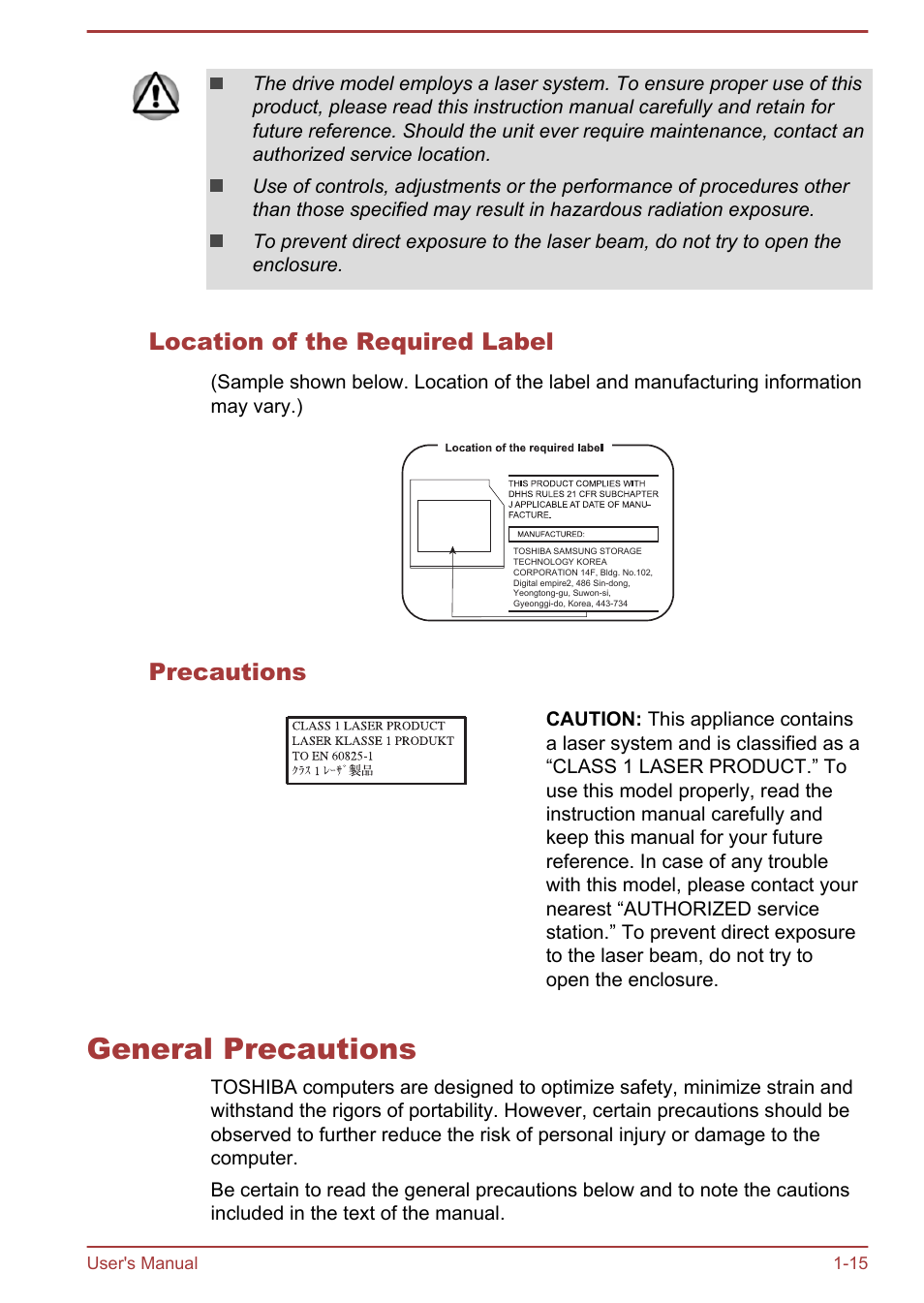 Location of the required label, Precautions, General precautions | General precautions -15 | Toshiba Satellite L70-B User Manual | Page 18 / 143