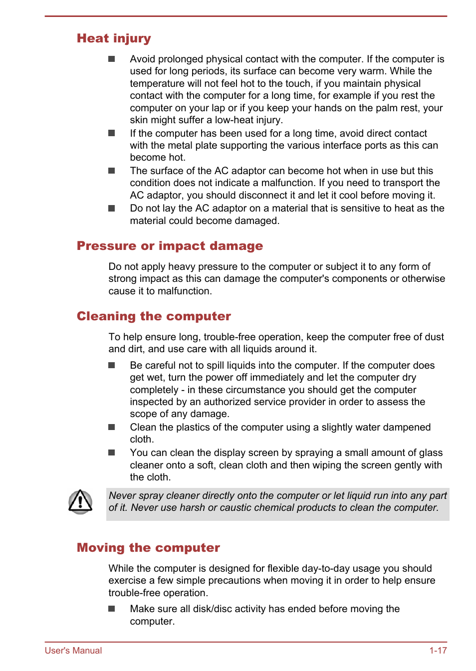 Heat injury, Pressure or impact damage, Cleaning the computer | Moving the computer | Toshiba Satellite L70-B User Manual | Page 20 / 143