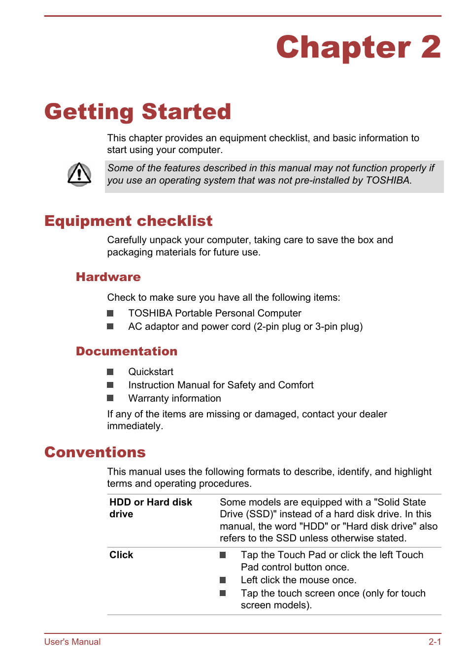 Chapter 2 getting started, Equipment checklist, Hardware | Documentation, Conventions, Chapter 2, Getting started, Equipment checklist -1 conventions -1 | Toshiba Satellite L70-B User Manual | Page 22 / 143
