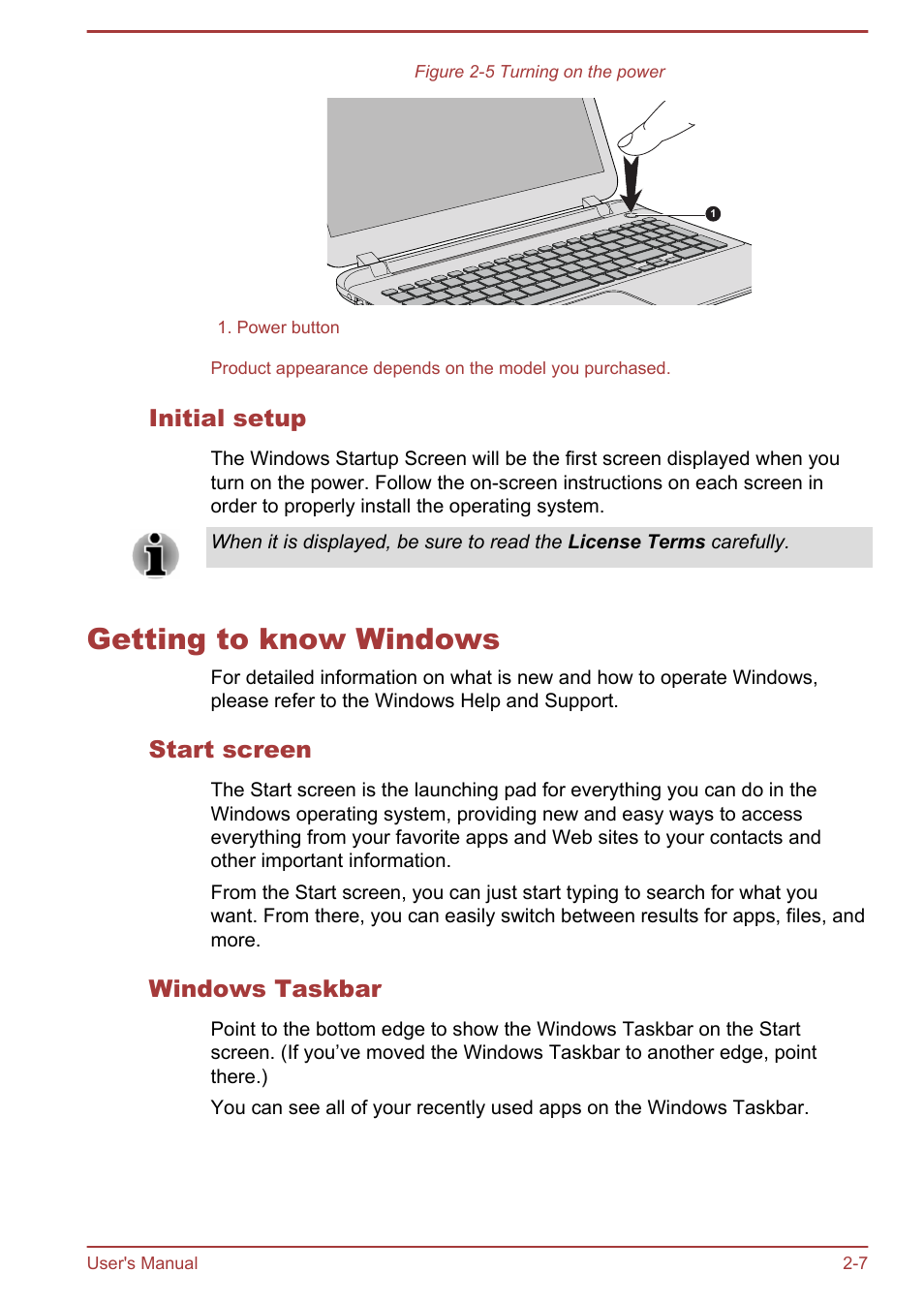 Initial setup, Getting to know windows, Start screen | Windows taskbar, Getting to know windows -7 | Toshiba Satellite L70-B User Manual | Page 28 / 143