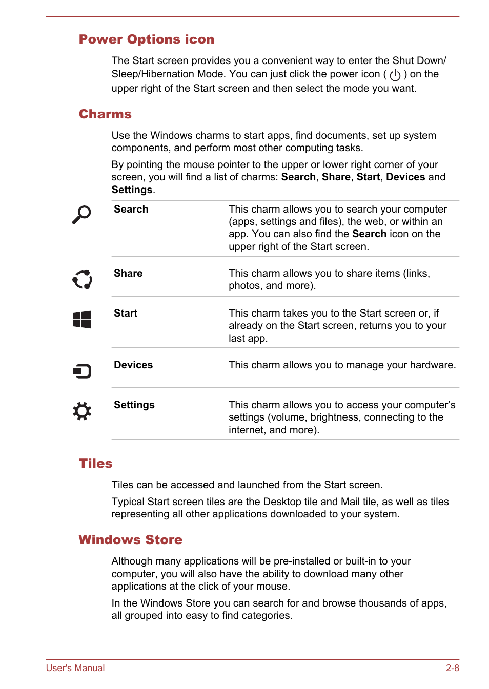 Power options icon, Charms, Tiles | Windows store | Toshiba Satellite L70-B User Manual | Page 29 / 143