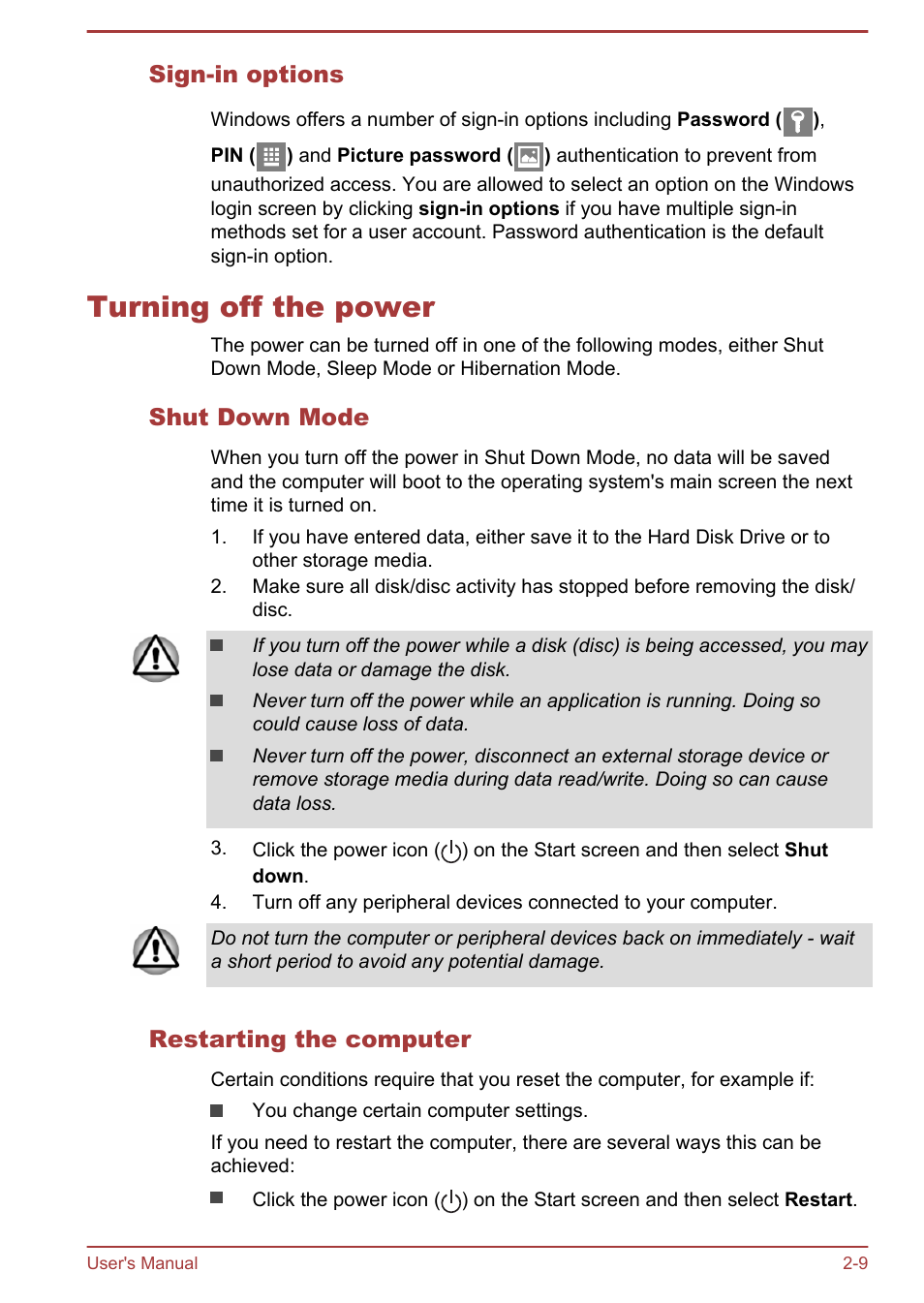 Sign-in options, Turning off the power, Shut down mode | Restarting the computer, Turning off the power -9 | Toshiba Satellite L70-B User Manual | Page 30 / 143