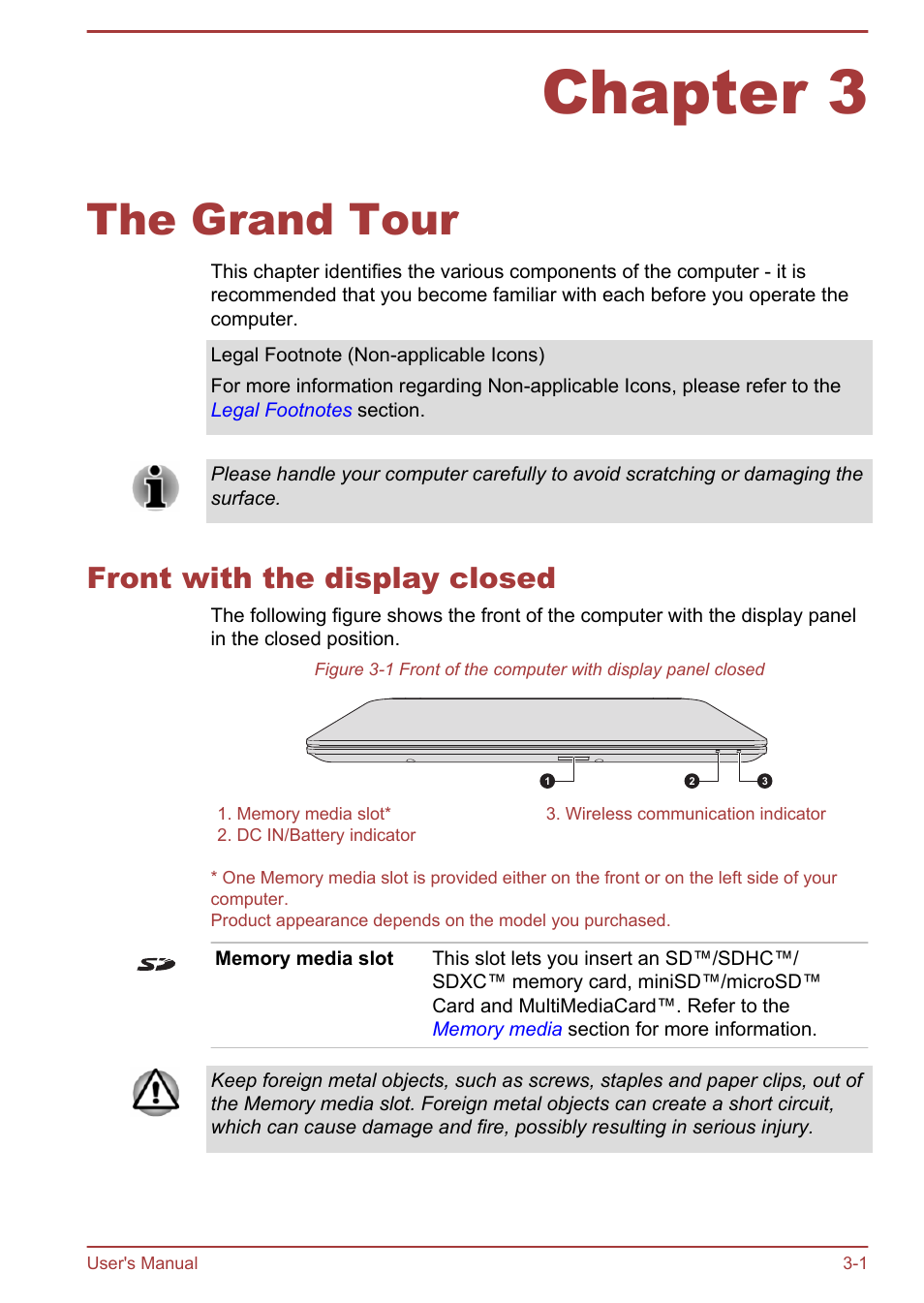 Chapter 3 the grand tour, Front with the display closed, Chapter 3 | The grand tour, Front with the display closed -1 | Toshiba Satellite L70-B User Manual | Page 35 / 143
