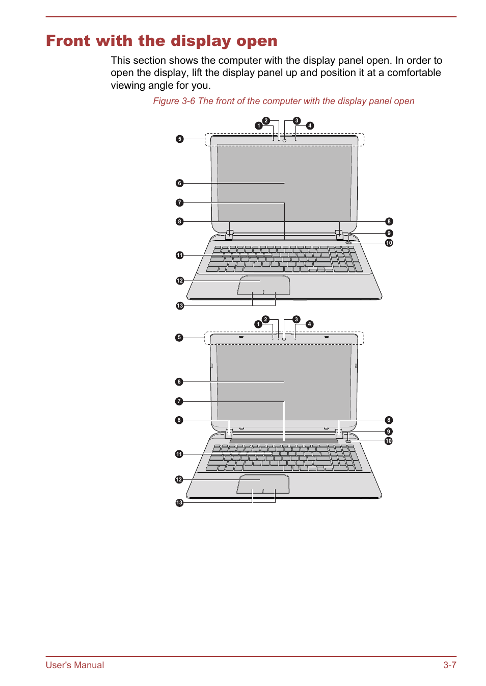 Front with the display open, Front with the display open -7, User's manual 3-7 | Toshiba Satellite L70-B User Manual | Page 41 / 143