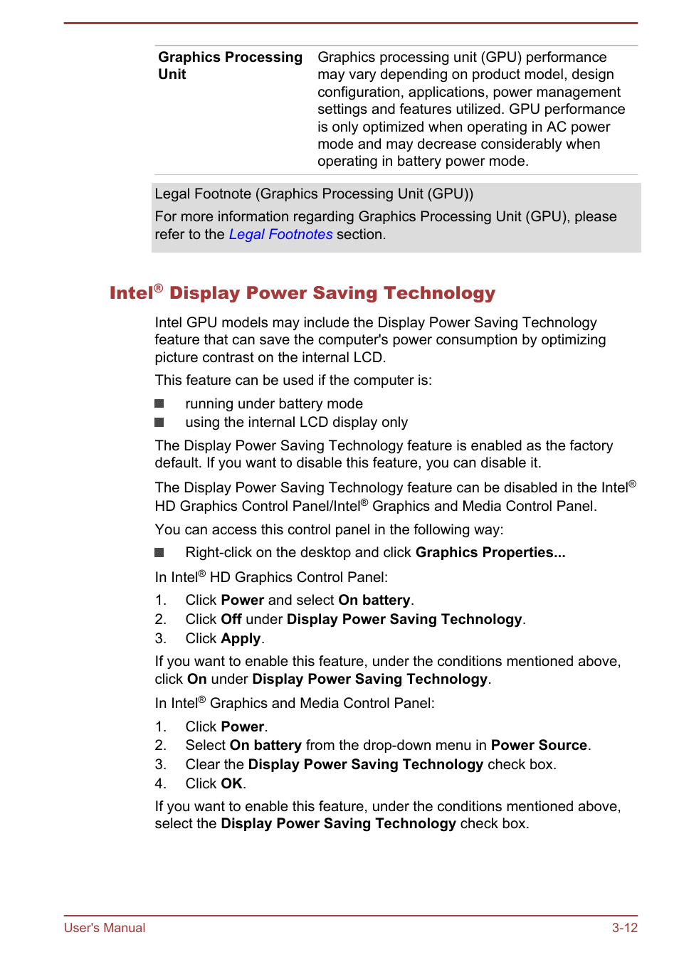 Intel® display power saving technology, Intel, Display power saving technology | Toshiba Satellite L70-B User Manual | Page 46 / 143