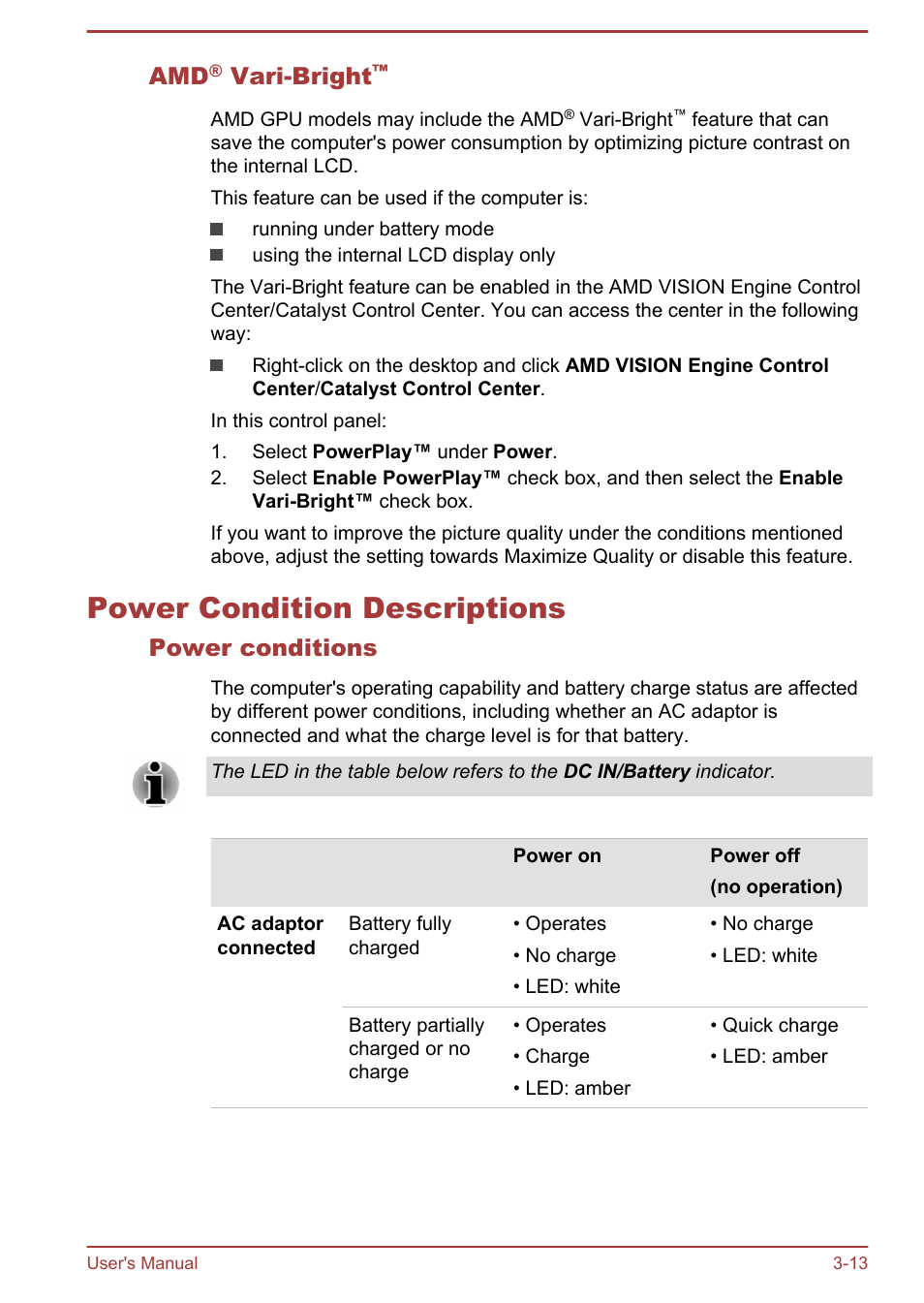 Amd® vari-bright, Power condition descriptions, Power conditions | Power condition descriptions -13, Vari-bright | Toshiba Satellite L70-B User Manual | Page 47 / 143