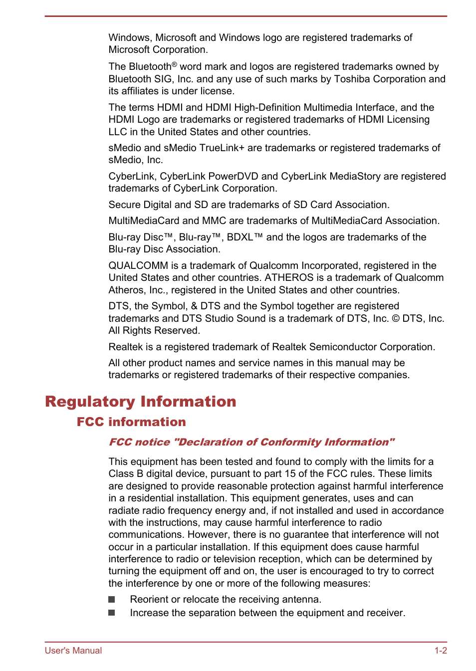 Regulatory information, Fcc information, Regulatory information -2 | Toshiba Satellite L70-B User Manual | Page 5 / 143