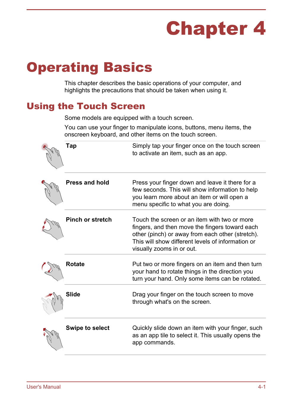 Chapter 4 operating basics, Using the touch screen, Chapter 4 | Operating basics, Using the touch screen -1, Second, 1000base-t). refer to, Operating, Basics, For details | Toshiba Satellite L70-B User Manual | Page 50 / 143