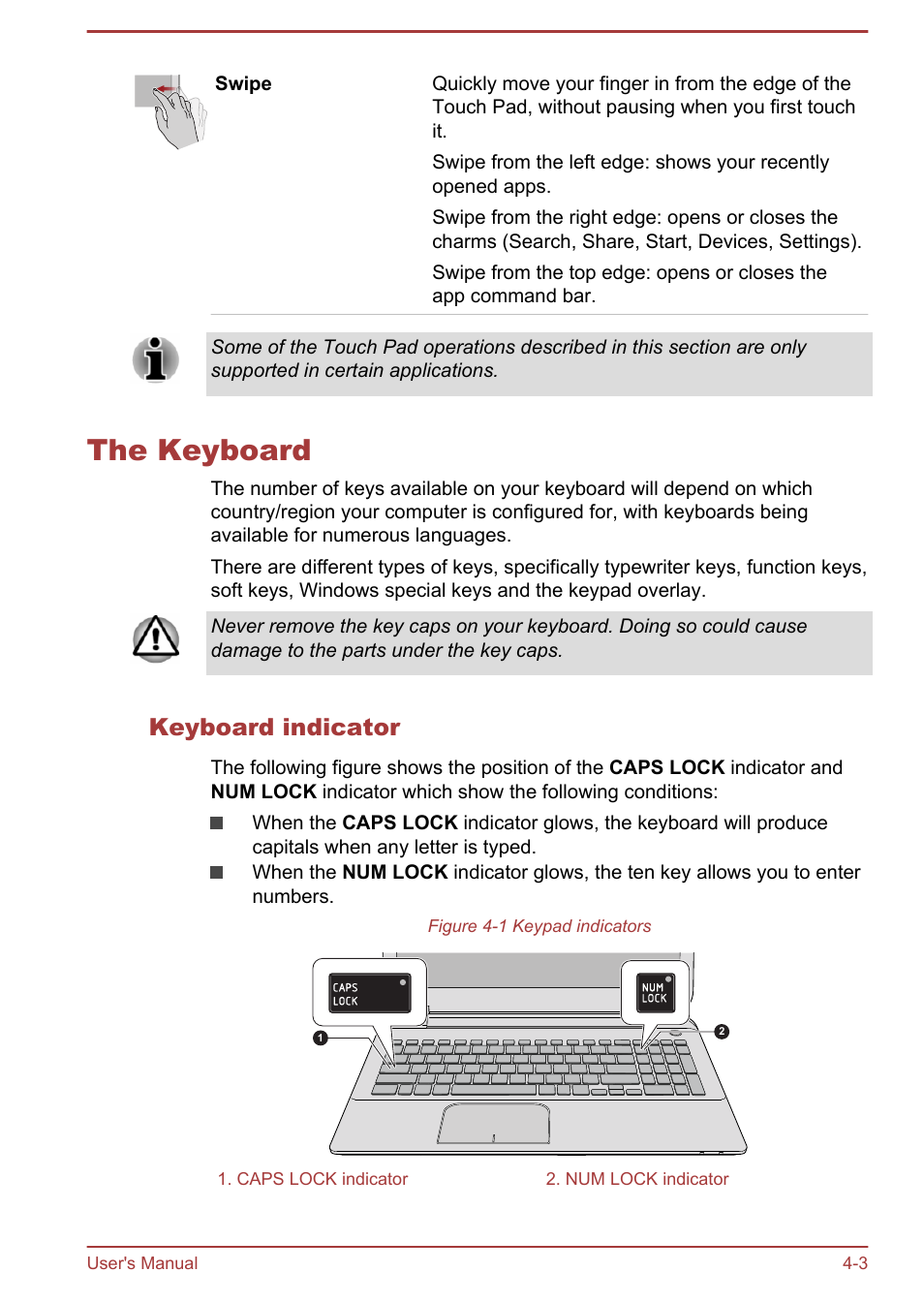 The keyboard, Keyboard indicator, The keyboard -3 | Toshiba Satellite L70-B User Manual | Page 52 / 143