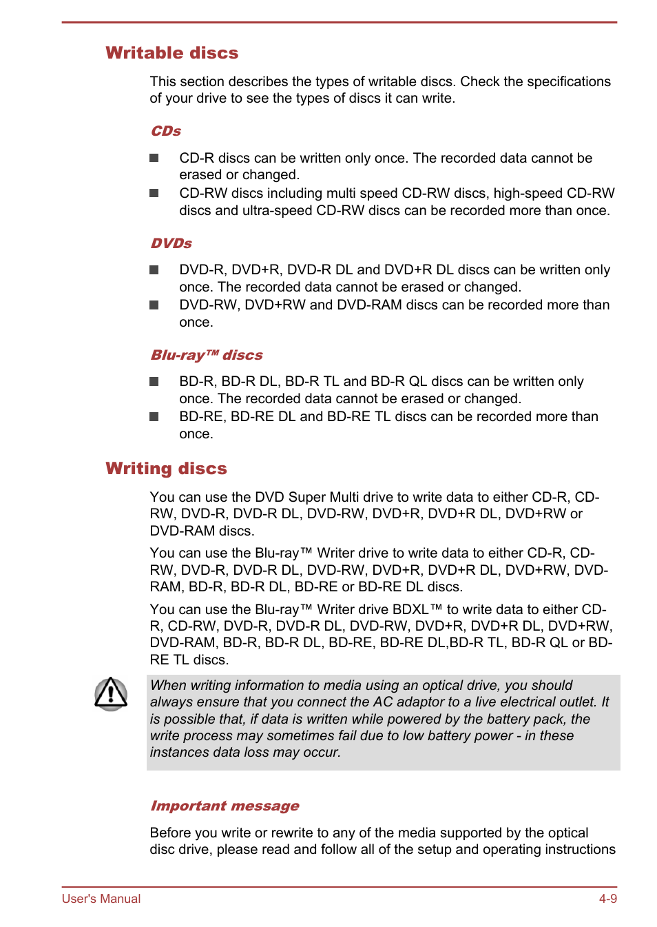 Writable discs, Writing discs | Toshiba Satellite L70-B User Manual | Page 58 / 143