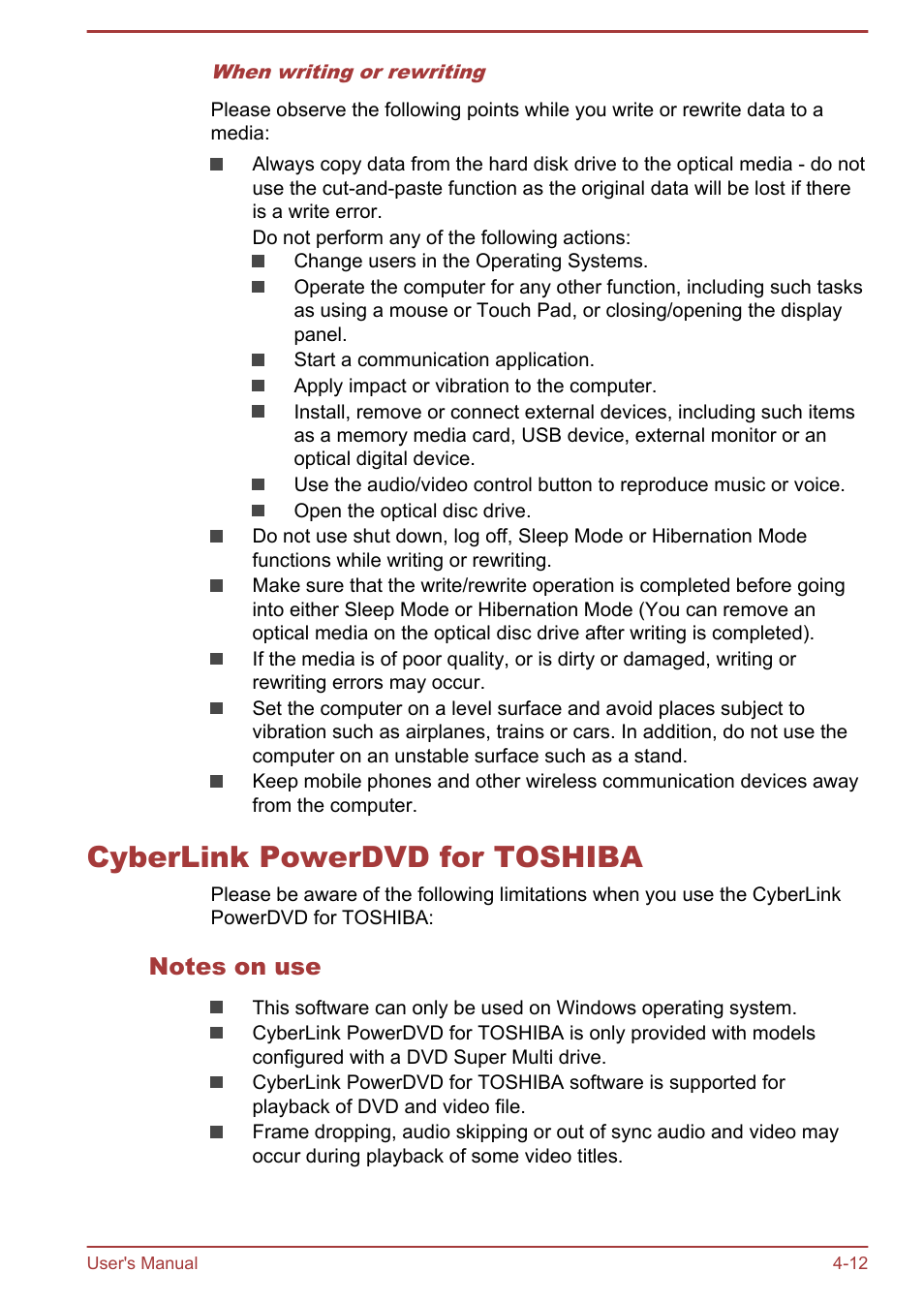 Cyberlink powerdvd for toshiba, Notes on use, Cyberlink powerdvd for toshiba -12 | Toshiba Satellite L70-B User Manual | Page 61 / 143