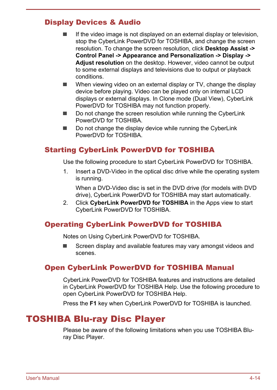 Display devices & audio, Starting cyberlink powerdvd for toshiba, Operating cyberlink powerdvd for toshiba | Open cyberlink powerdvd for toshiba manual, Toshiba blu-ray disc player, Toshiba blu-ray disc player -14 | Toshiba Satellite L70-B User Manual | Page 63 / 143