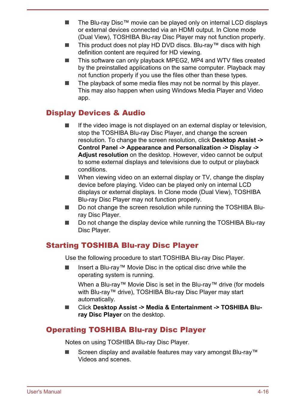 Display devices & audio, Starting toshiba blu-ray disc player, Operating toshiba blu-ray disc player | Toshiba Satellite L70-B User Manual | Page 65 / 143