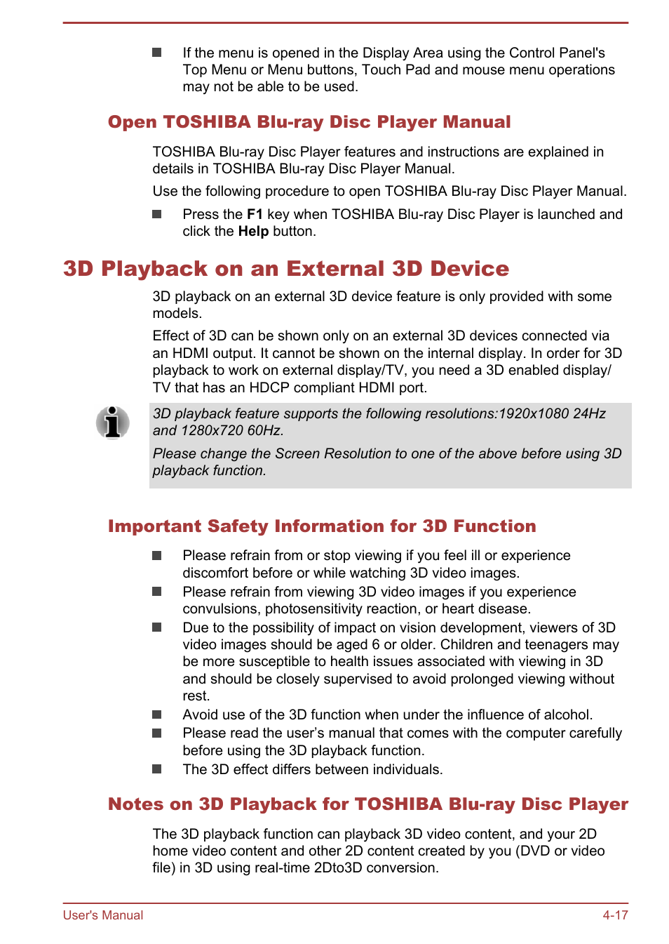 Open toshiba blu-ray disc player manual, 3d playback on an external 3d device, Important safety information for 3d function | 3d playback on an external 3d device -17 | Toshiba Satellite L70-B User Manual | Page 66 / 143