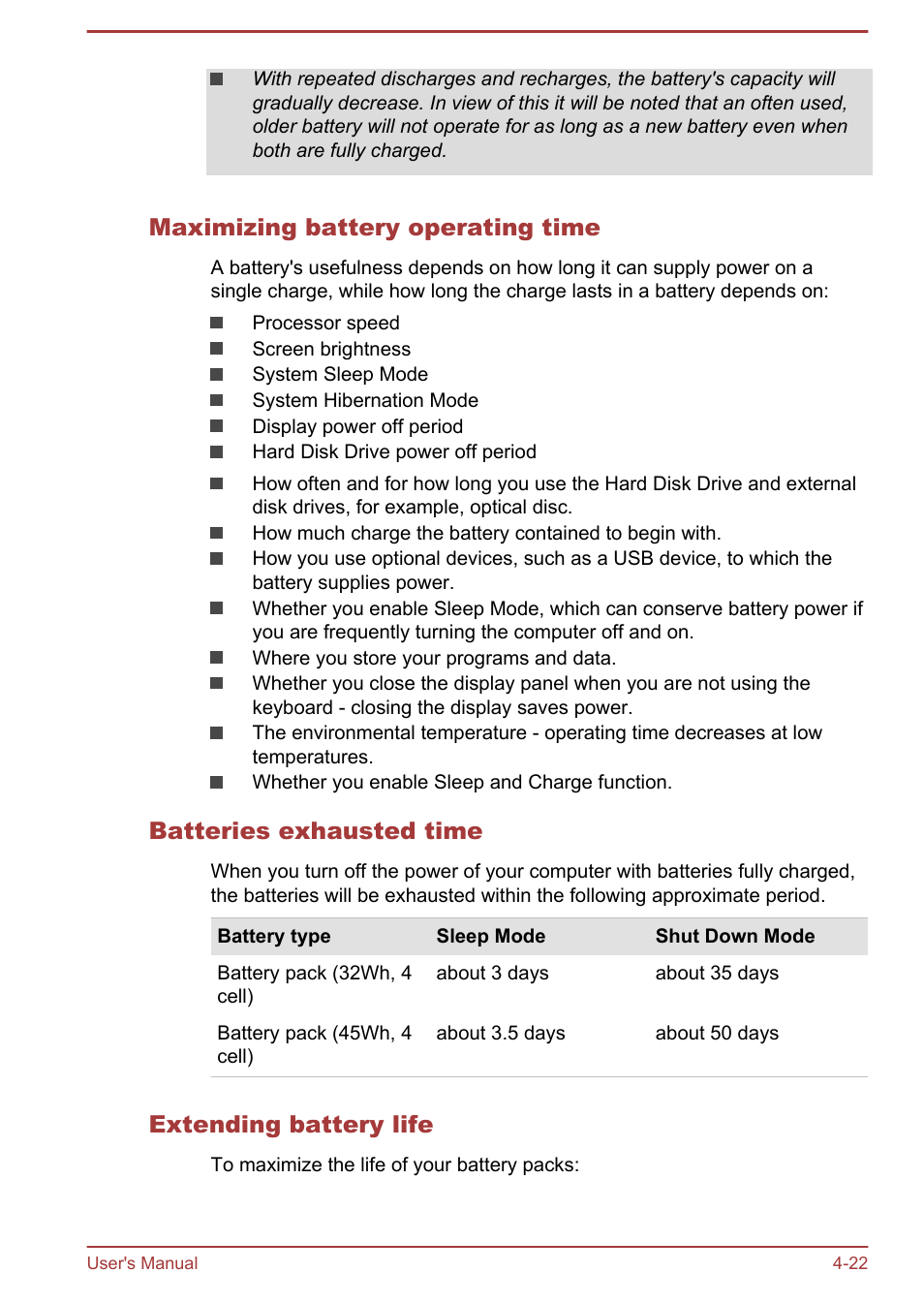 Maximizing battery operating time, Batteries exhausted time, Extending battery life | Toshiba Satellite L70-B User Manual | Page 71 / 143