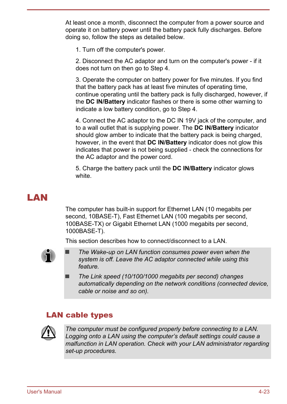 Lan cable types, Lan -23 | Toshiba Satellite L70-B User Manual | Page 72 / 143