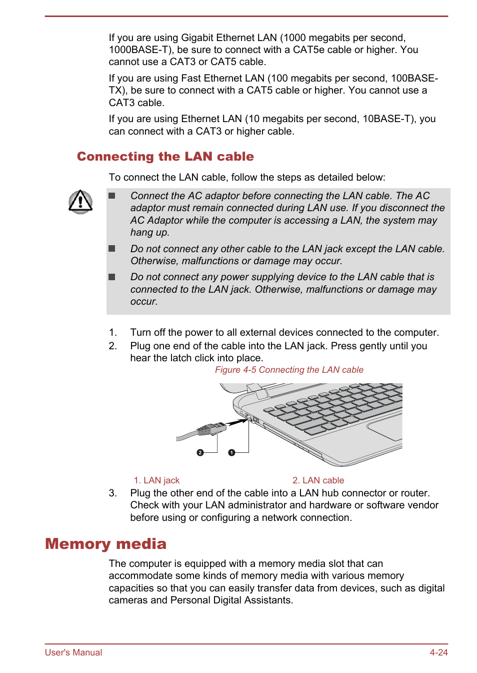 Connecting the lan cable, Memory media, Memory media -24 | Toshiba Satellite L70-B User Manual | Page 73 / 143