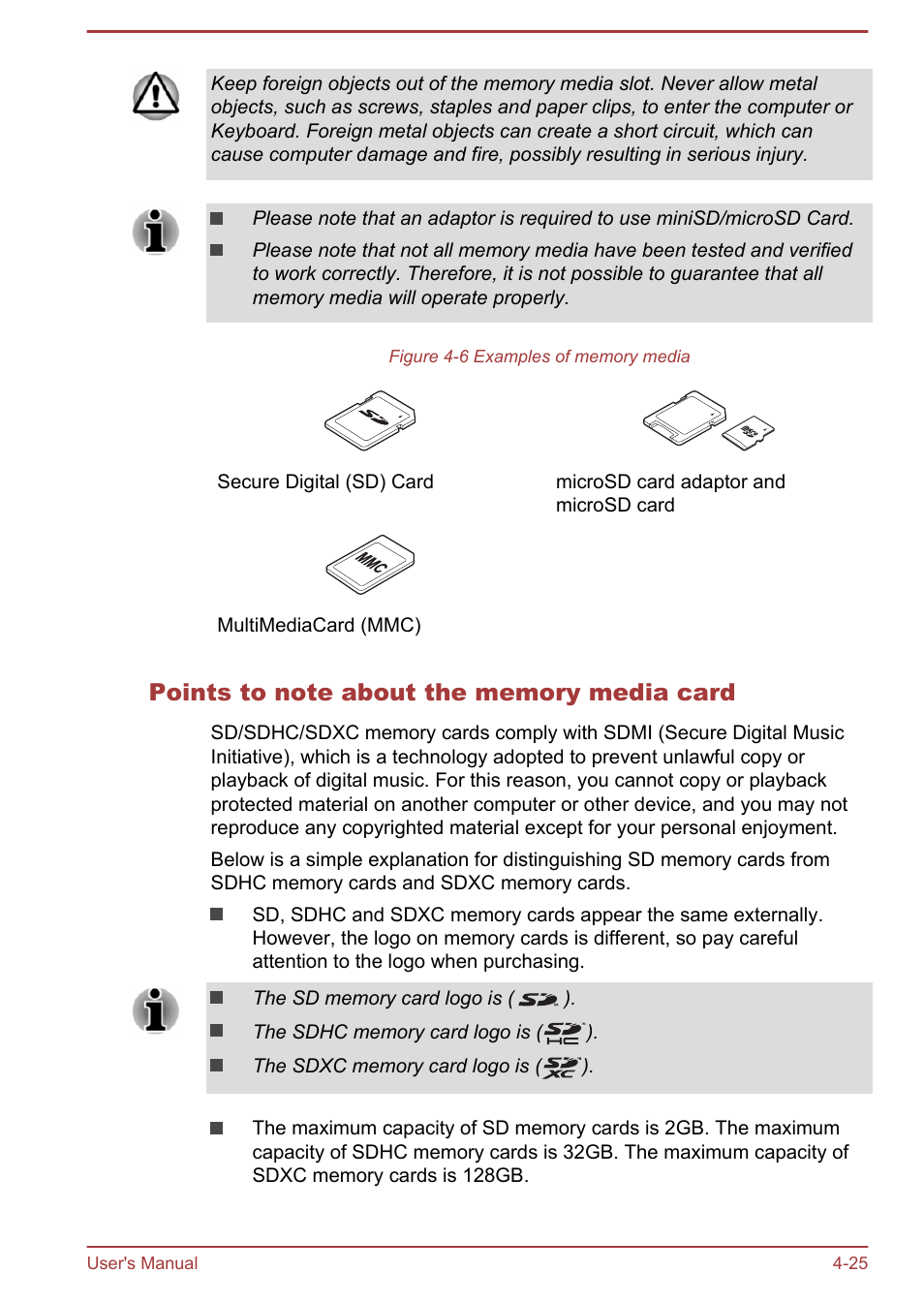 Points to note about the memory media card | Toshiba Satellite L70-B User Manual | Page 74 / 143