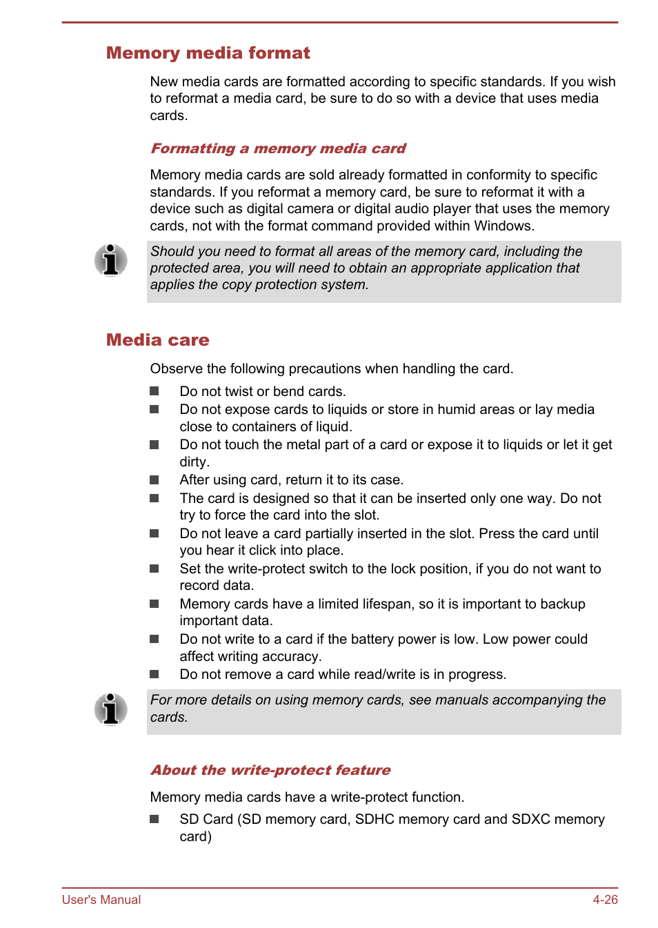 Memory media format, Media care | Toshiba Satellite L70-B User Manual | Page 75 / 143