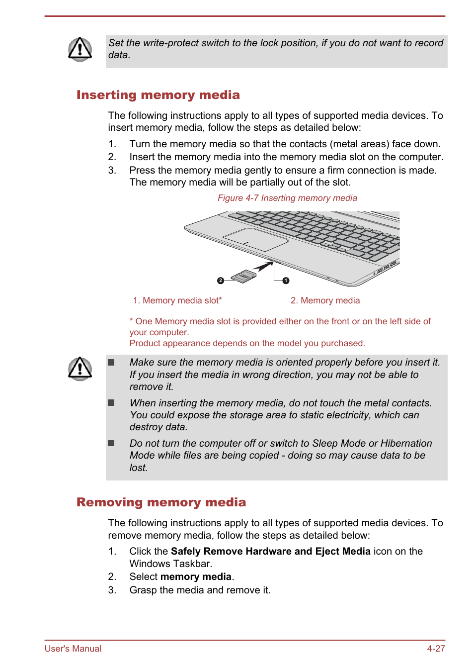 Inserting memory media, Removing memory media | Toshiba Satellite L70-B User Manual | Page 76 / 143