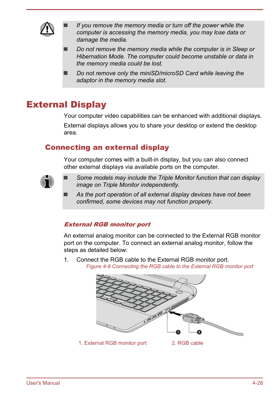 External display, Connecting an external display, External display -28 | Toshiba Satellite L70-B User Manual | Page 77 / 143