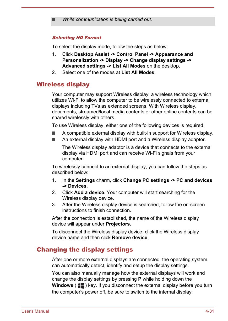 Wireless display, Changing the display settings | Toshiba Satellite L70-B User Manual | Page 80 / 143