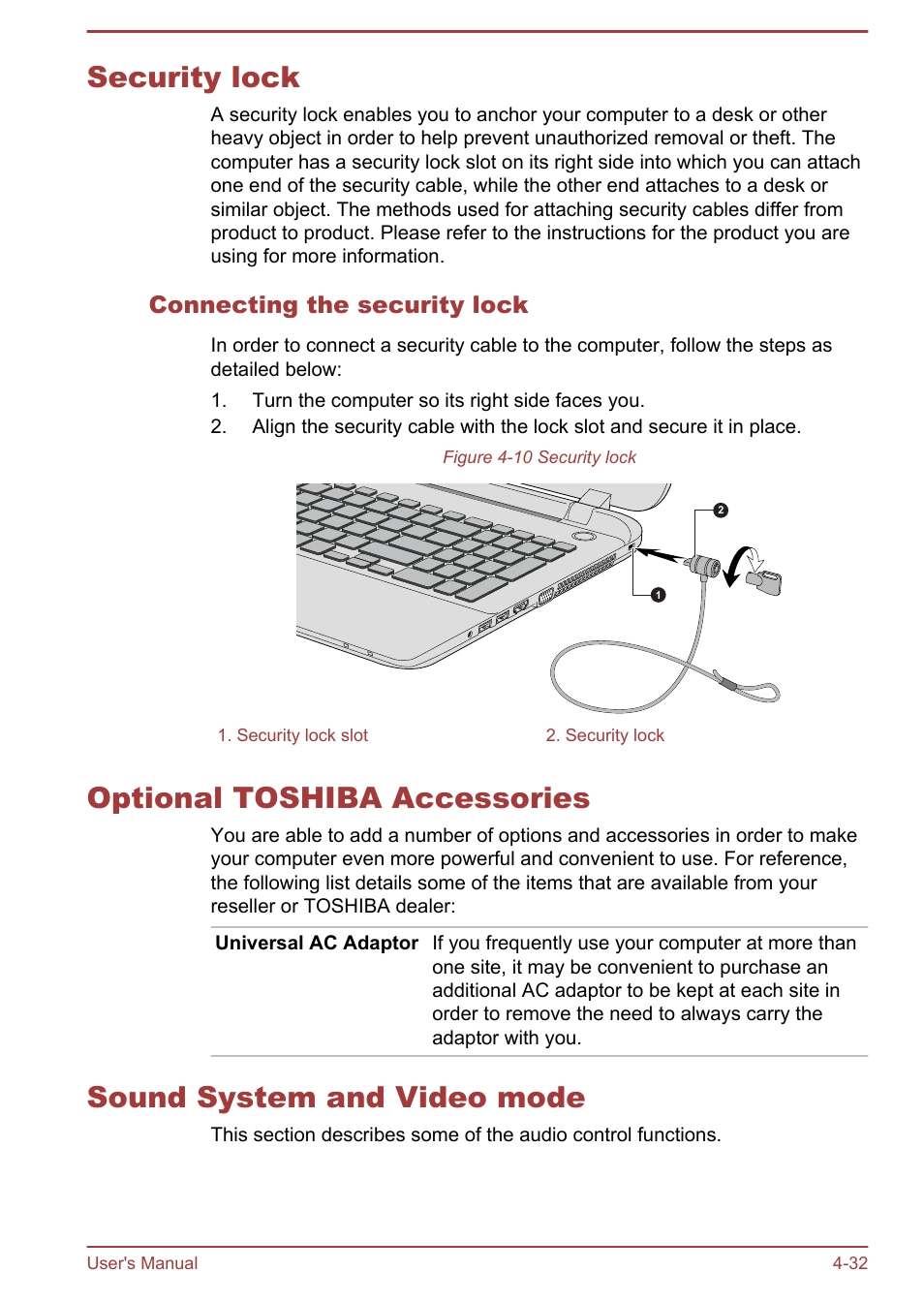 Security lock, Connecting the security lock, Optional toshiba accessories | Sound system and video mode, To the | Toshiba Satellite L70-B User Manual | Page 81 / 143