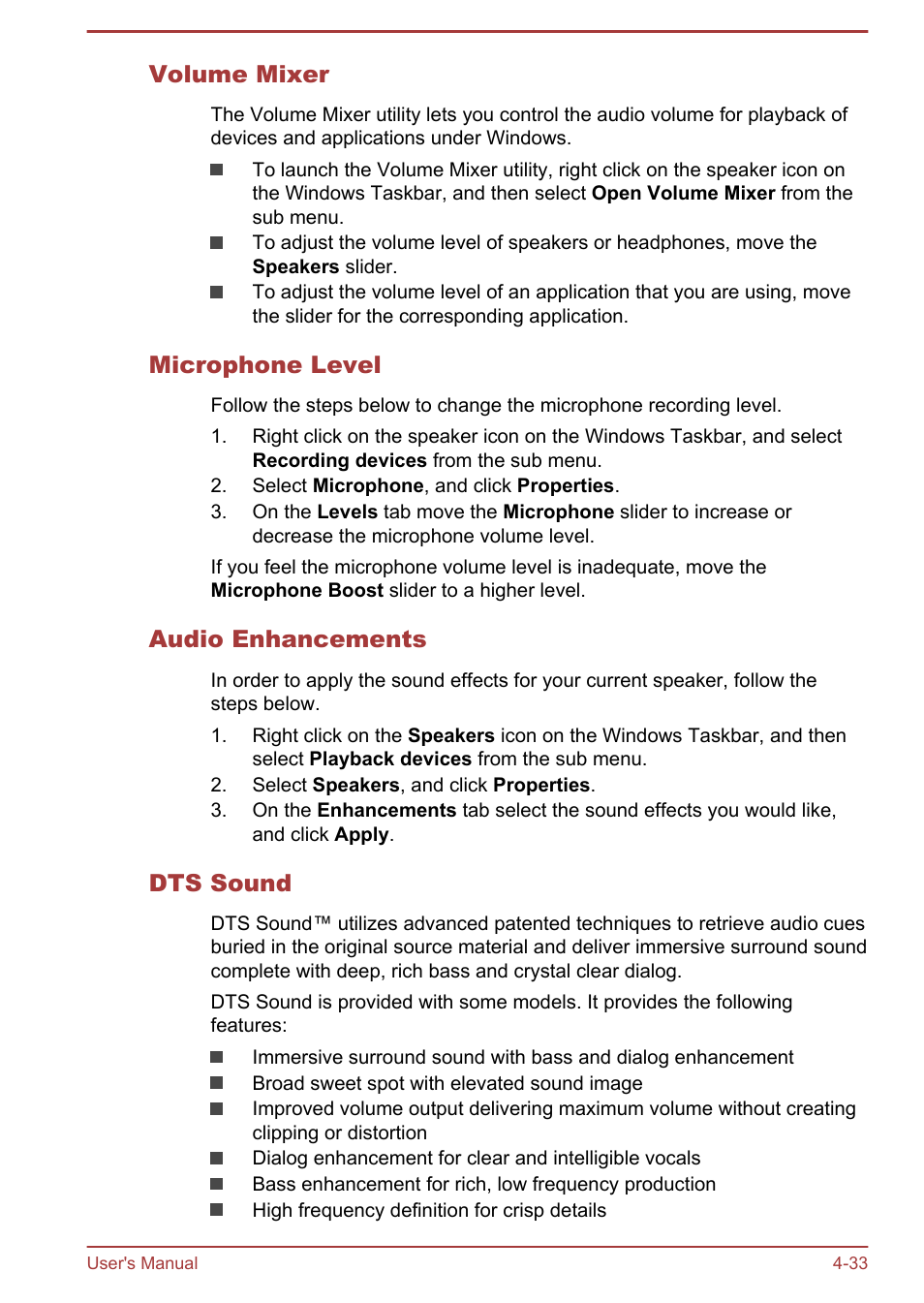 Volume mixer, Microphone level, Audio enhancements | Dts sound | Toshiba Satellite L70-B User Manual | Page 82 / 143
