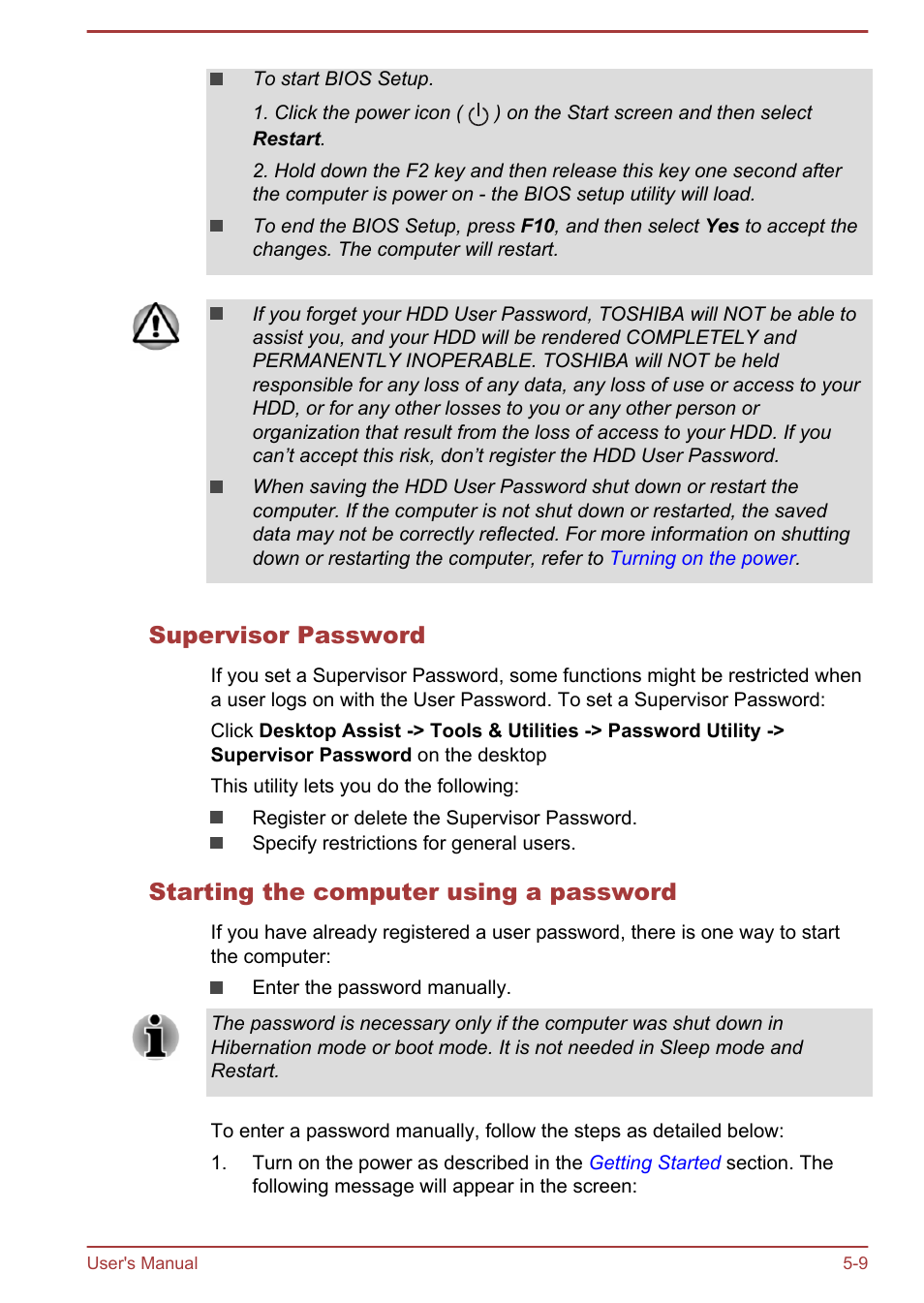 Supervisor password, Starting the computer using a password | Toshiba Satellite L70-B User Manual | Page 92 / 143