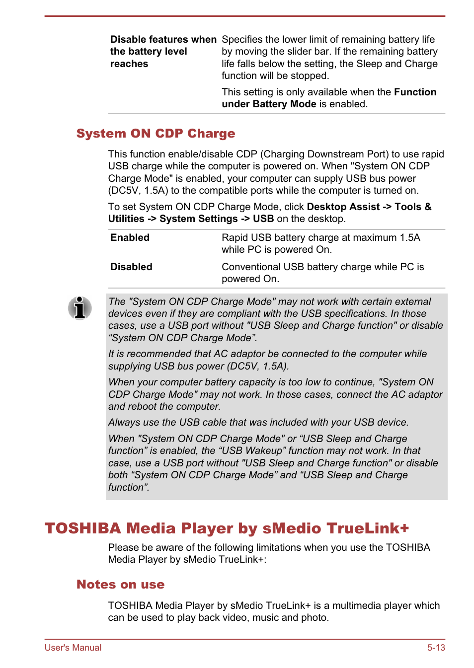System on cdp charge, Toshiba media player by smedio truelink, Notes on use | Toshiba media player by smedio truelink+ -13 | Toshiba Satellite L70-B User Manual | Page 96 / 143