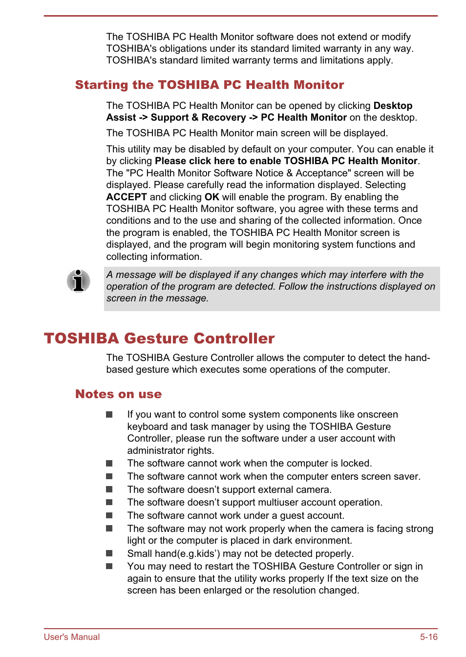 Starting the toshiba pc health monitor, Toshiba gesture controller, Notes on use | Toshiba gesture controller -16 | Toshiba Satellite L70-B User Manual | Page 99 / 143