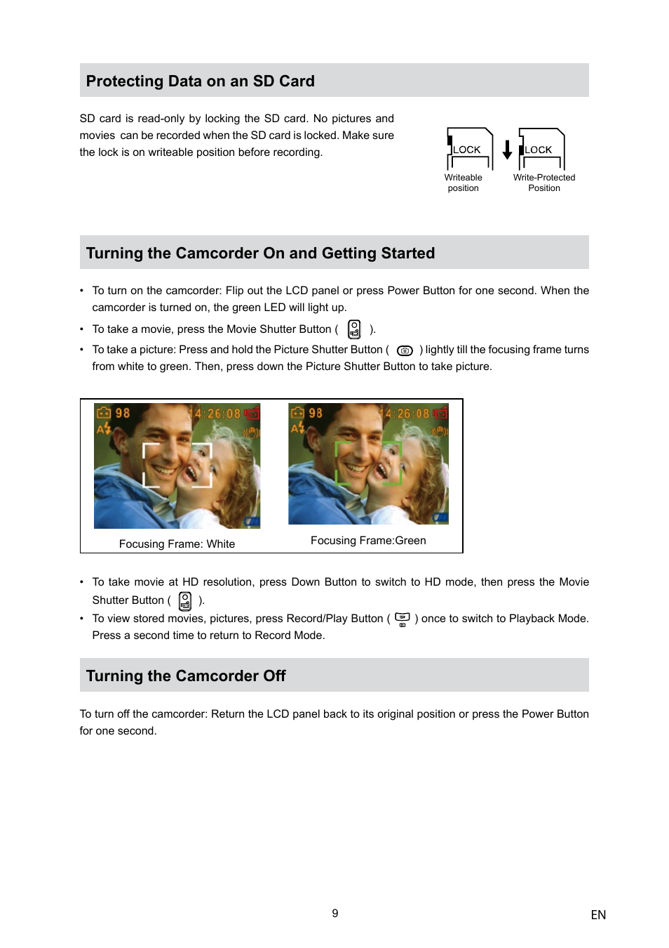 Protecting data on an sd card, Turning the camcorder on and getting started, Turning the camcorder off | Toshiba Camileo H10 User Manual | Page 11 / 71