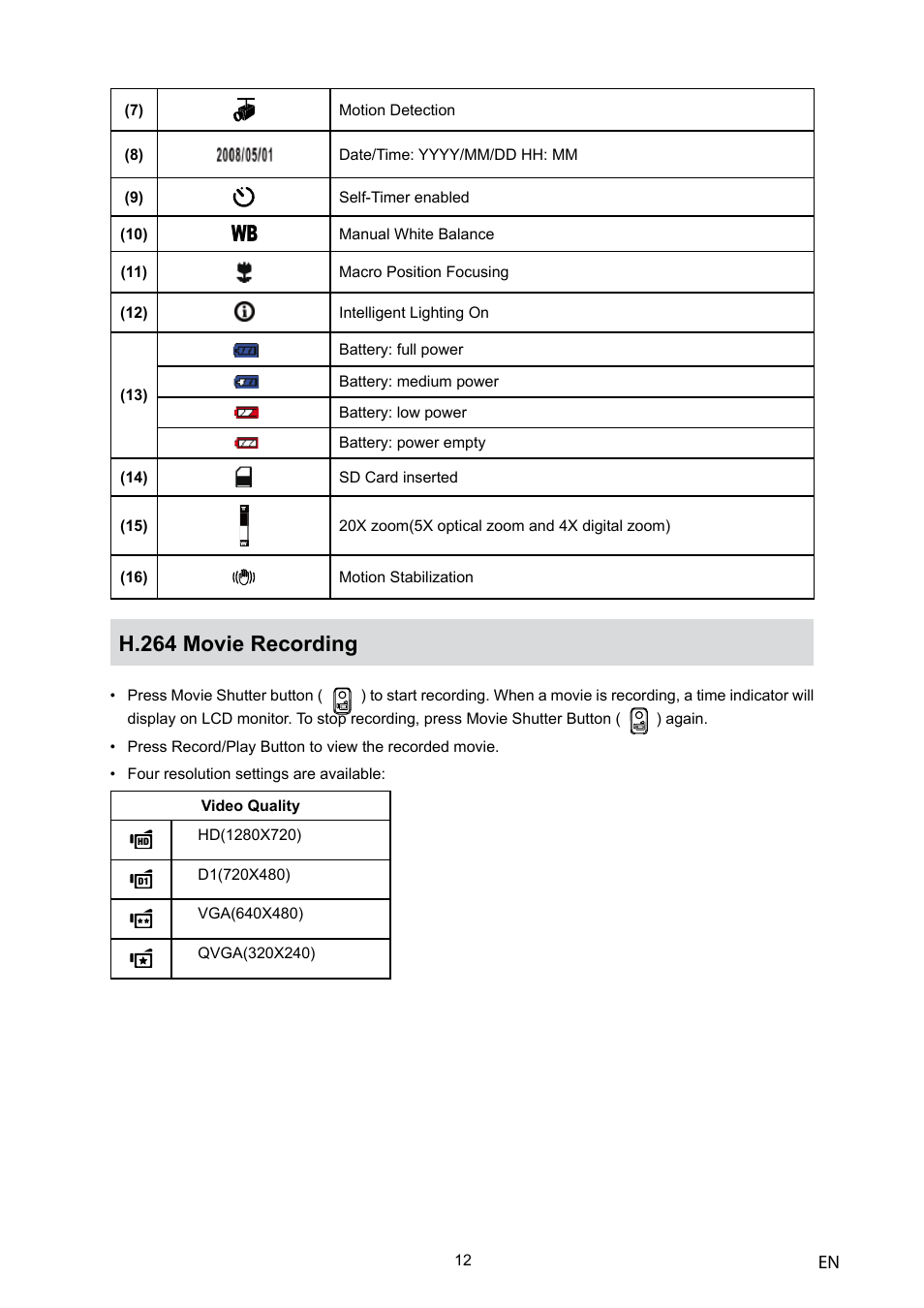H.264 movie recording | Toshiba Camileo H10 User Manual | Page 14 / 71