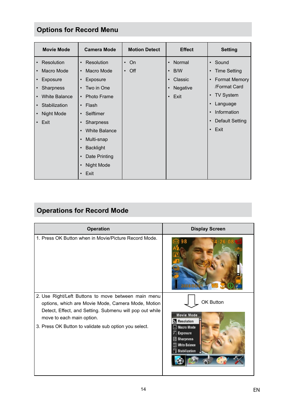 Options for record menu, Operations for record mode | Toshiba Camileo H10 User Manual | Page 16 / 71