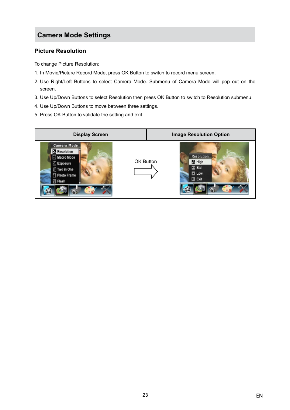 Camera mode settings | Toshiba Camileo H10 User Manual | Page 25 / 71