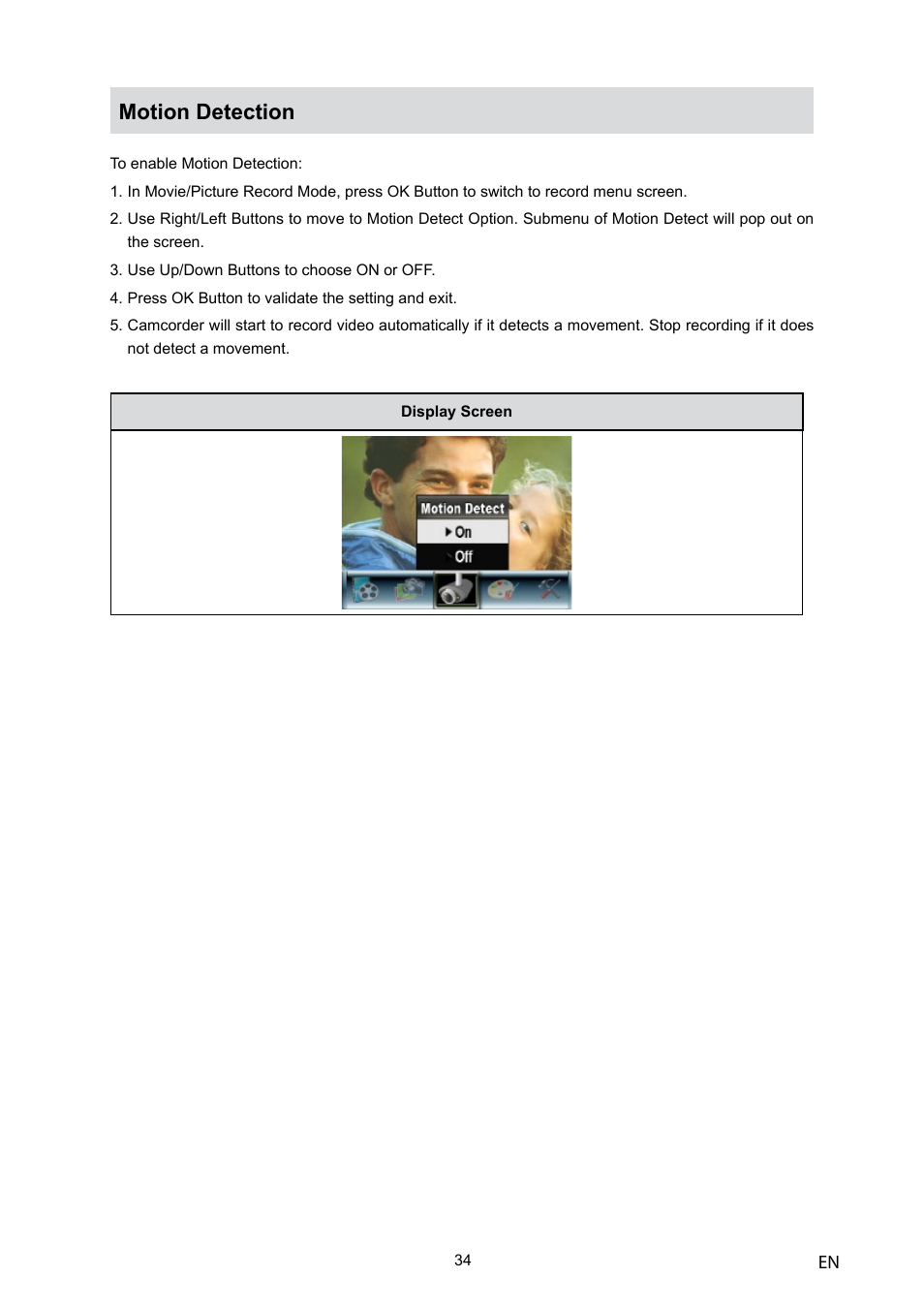 Motion detection | Toshiba Camileo H10 User Manual | Page 36 / 71