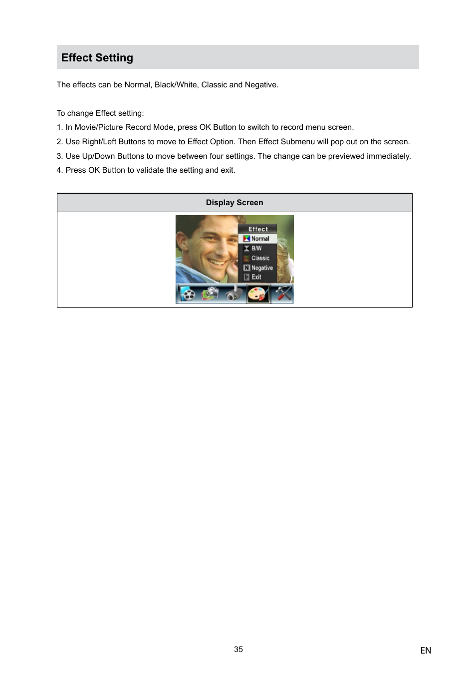 Effect setting | Toshiba Camileo H10 User Manual | Page 37 / 71