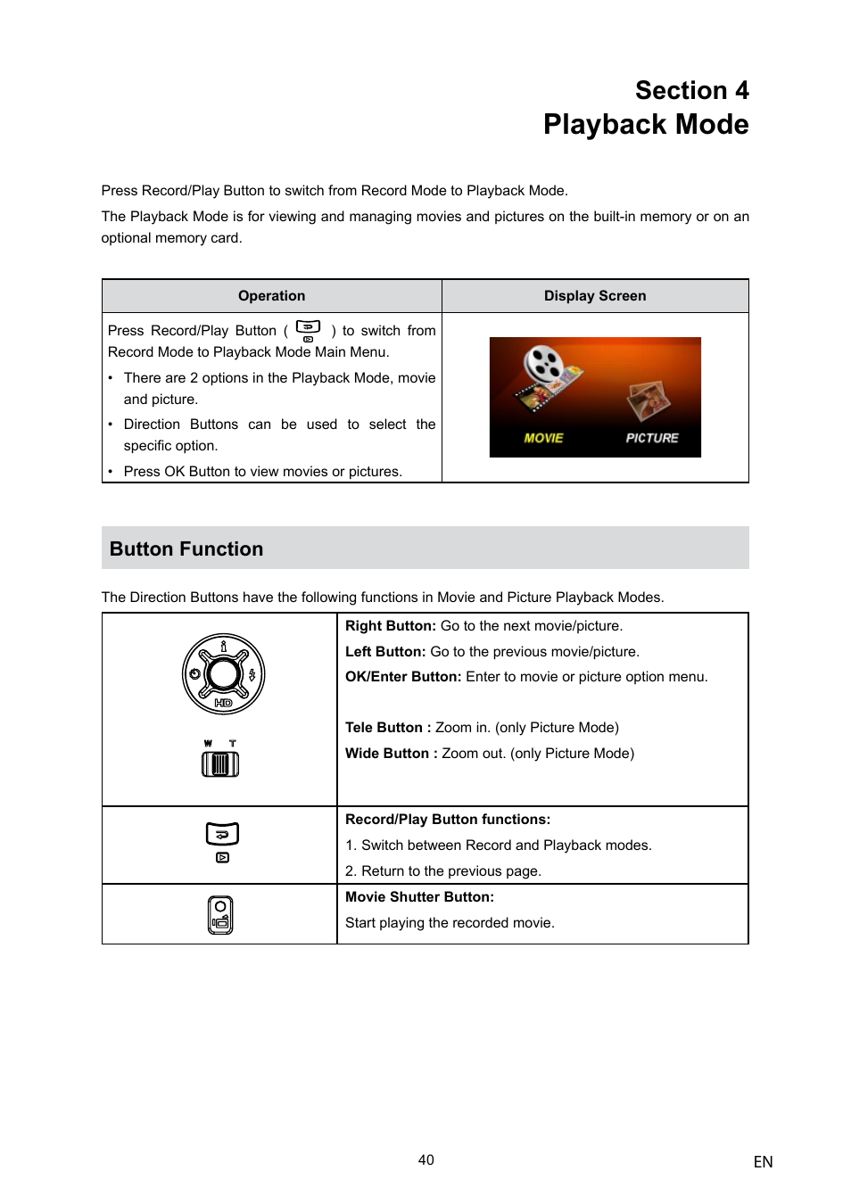 Playback mode, Button function | Toshiba Camileo H10 User Manual | Page 42 / 71